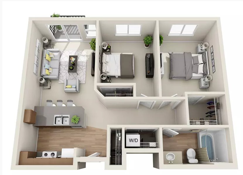 Floor plan for 2 beds, 1 bath, 829 sqft